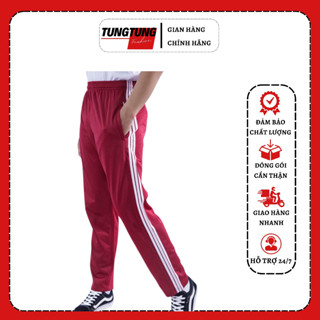 Quần thể dục nam nữ màu đỏ 3 sọc trắng quần thể thao học sinh cấp 1 2 3 ống suông  chất vải cào