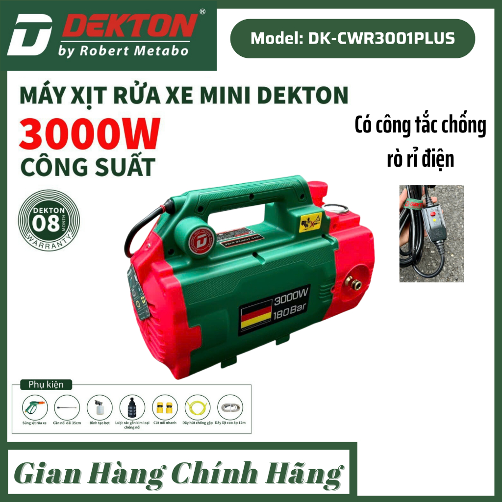 Máy rửa xe chỉnh áp Dekton DK - CWR3001 PLUS Công suất 3000w có trang bị công tắc an toàn chống rò đ