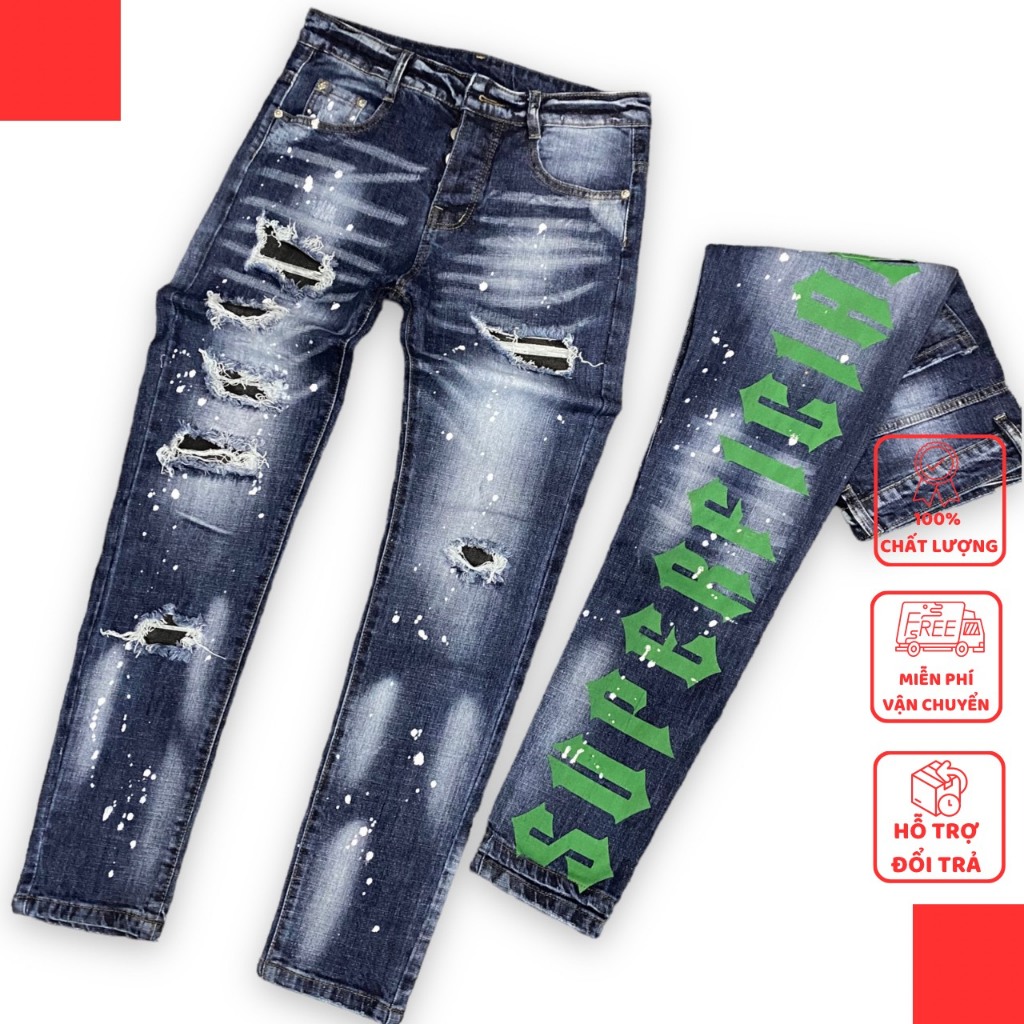 Quần jean bò nam Dsq2 slimfit xanh wash rách xước vá vải - Quần jean Nam in chữ dọc sau quần 4 cúc boy phố