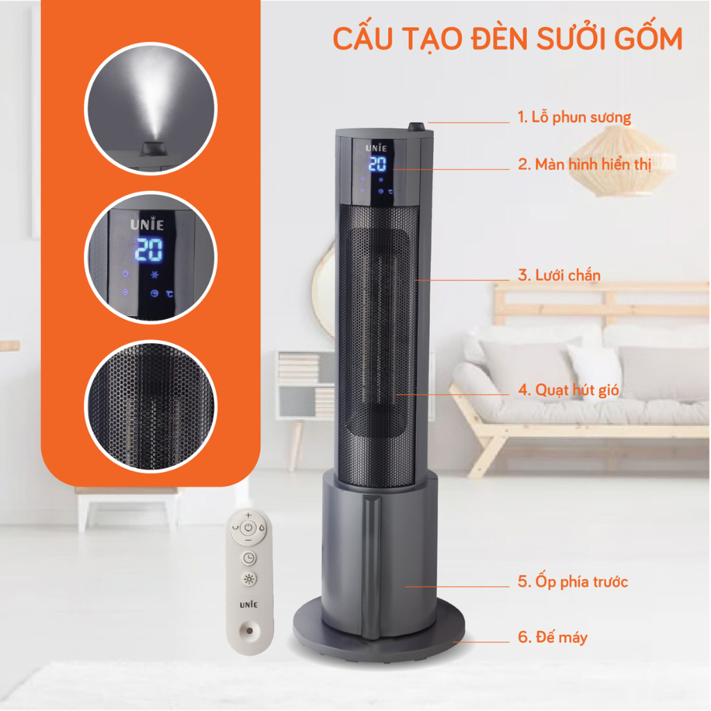Máy Sưởi Gốm Có Điều Khiển Fujihome FH6000, Công Suất 2200W, Phun Sương Tạo Ẩm, 3 Chế Độ Sưởi, Bảo h