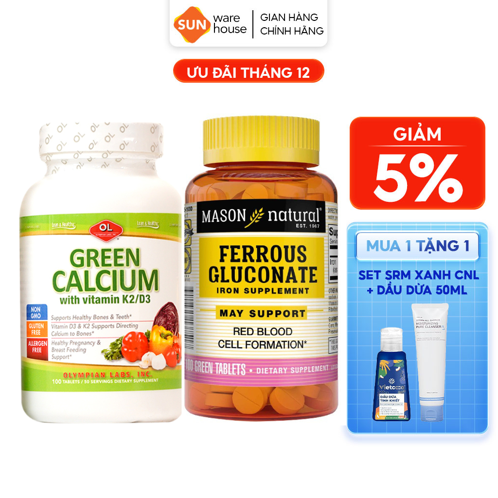 Combo Vitamin Cho Bà Bầu Bổ Sung Canxi Hữu Cơ Olympian Labs Green Calcium Và Sắt MASON NATURAL Ferrouse Gluconate
