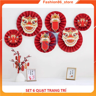 Set quạt trang trí tết nguyên đán decal dán tường bộ 6 quạt giấy đỏ decor nhà cửa dịp lễ tết cổ truyền phòng cưới