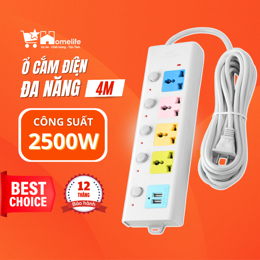 Ổ Cắm Điện USB Đa Năng Cao Cấp Chống Giật Dây Dài 4m Công suất 2500W, 2 Cổng Cắm USB Có Chốt An Toàn Tiện Dụng