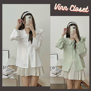 Áo sơ mi kiểu nữ tay dài cổ bèo sen thắt nơ, Áo sơ mi nữ form rộng cổ sen vải đũi gân HA75