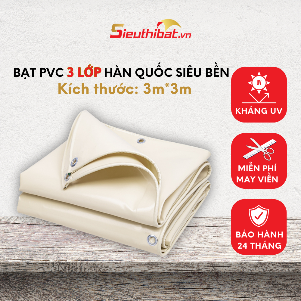 Tấm Bạt PVC 3 Lớp Hàn Quốc Kích thước 3m*3m May viền Đóng khoen sẵn