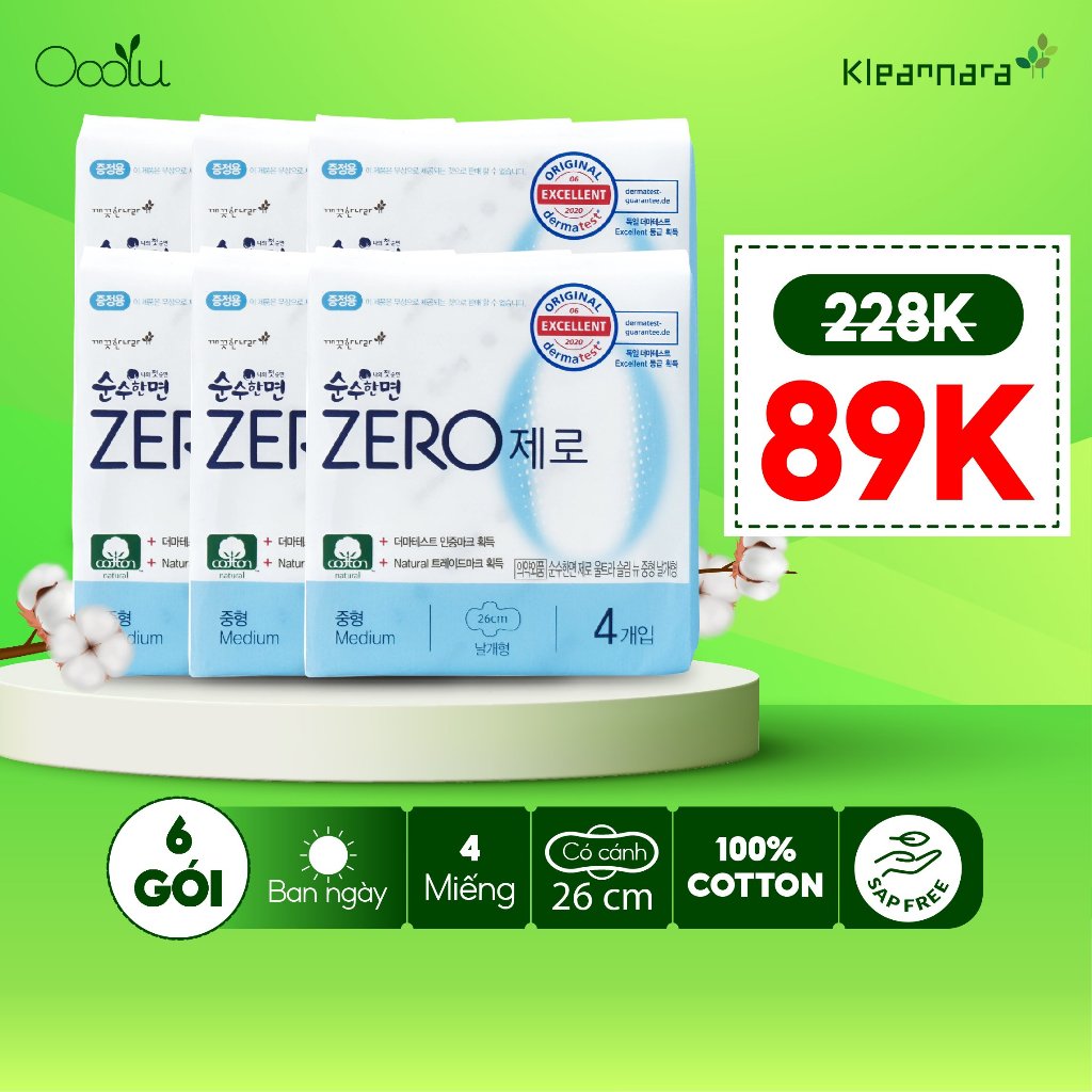 Combo 6 Băng vệ sinh Kleannara Zero Hàn Quốc ban ngày size M 26cm - 4 miếng/gói ( có cánh )