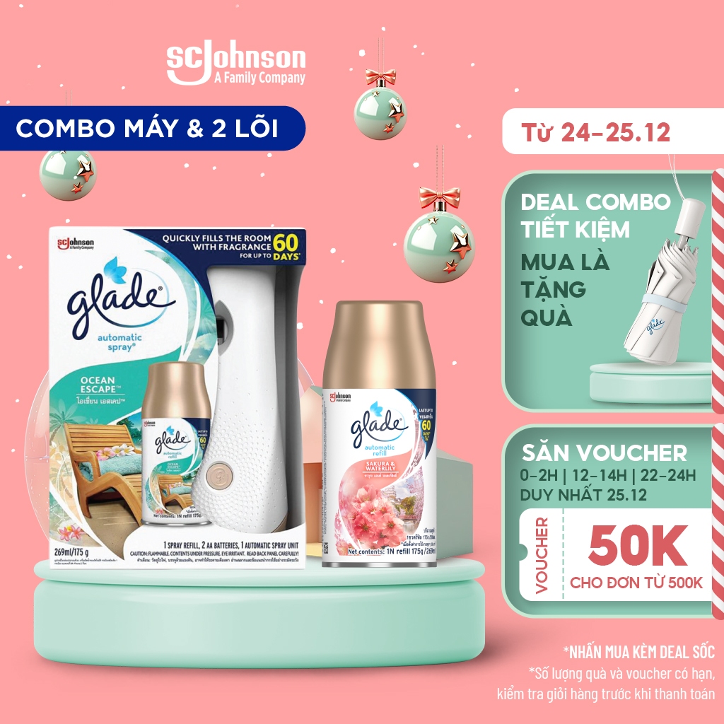 [COMBO MỚI] Combo Glade Bộ Máy và Lõi Xịt Tự Động Biển Phiêu Bồng 175G & Lõi Xịt Tự Động Anh Đào Lily 175G