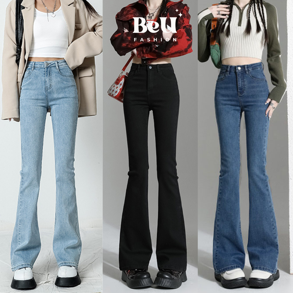 Quần jean ống loe nữ lưng cao co giãn MIAA cực tôn dáng , quần bò nữ ống loe nữ cạp cao chất jean dày dặn