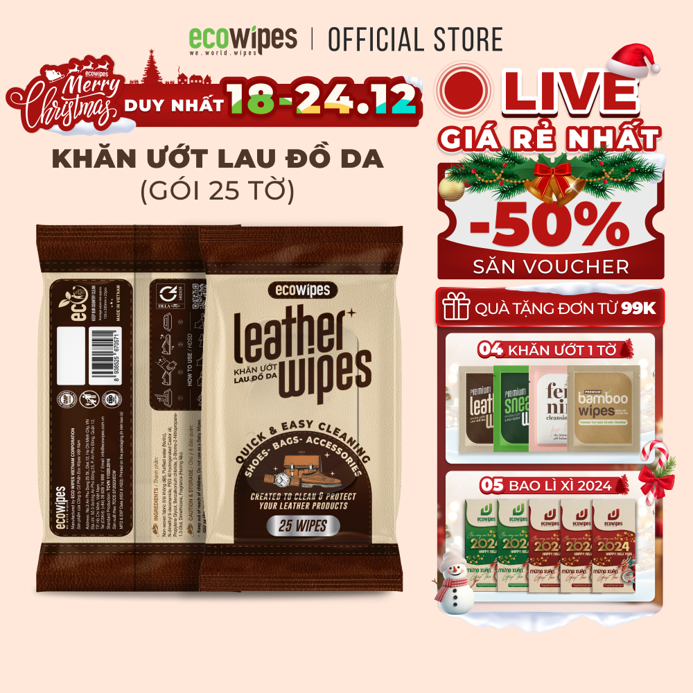 Khăn giấy ướt vệ sinh dưỡng bóng giày da túi da ví da cặp da áo khoác da Leather Wipes gói 25 tờ