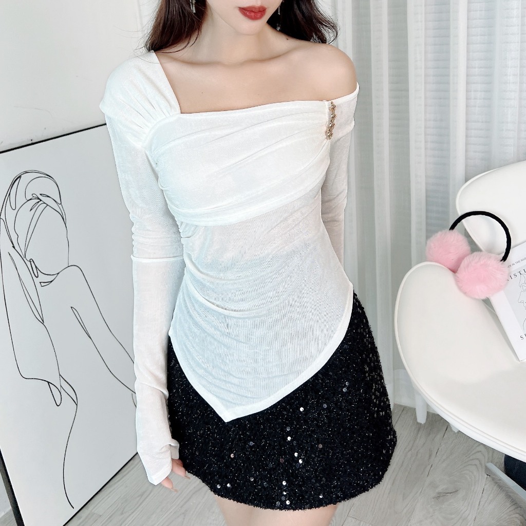 Áo Kiểu Nữ Trơn Tay Dài Tà Nhọn Trễ Vai Phối Nhún 6 Màu Chất Thun Nhũ Tôn Dáng MIMIX EA2105