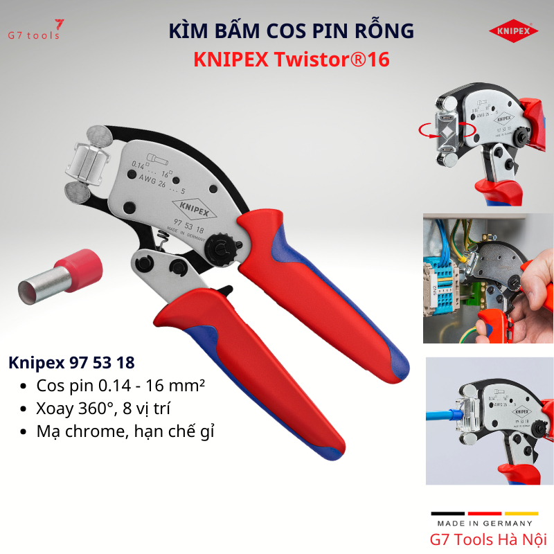 Kìm Bấm Cos Pin Rỗng KNIPEX Twistor® 97 53 18 Tiết Diện 0.14 - 16 mm² G7 Tools Hà Nội