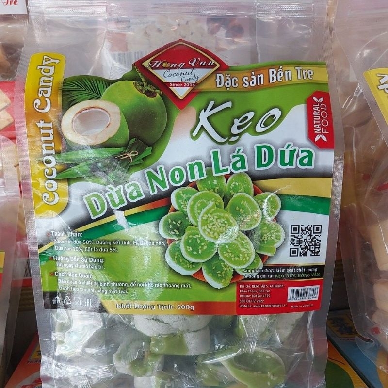 Kẹo Dừa Non Lá Dứa Hồng Vân Túi 500G - Kẹo Dừa Ít Ngọt