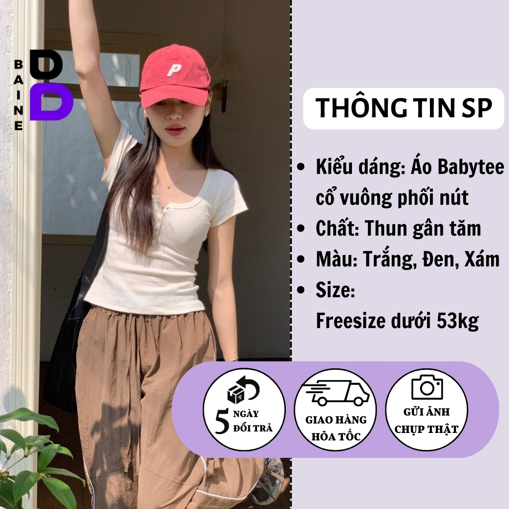 Áo BABY TEE CỔ VUÔNG NÚT BẤM DÁNG DÀI Ôm Body Chất Thun Gân, Áo tay ngắn cổ tròn kiểu nữ mềm mát BAINE