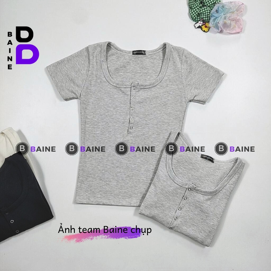 Áo BABY TEE CỔ VUÔNG NÚT BẤM DÁNG DÀI Ôm Body Chất Thun Gân, Áo tay ngắn cổ tròn kiểu nữ mềm mát BAINE
