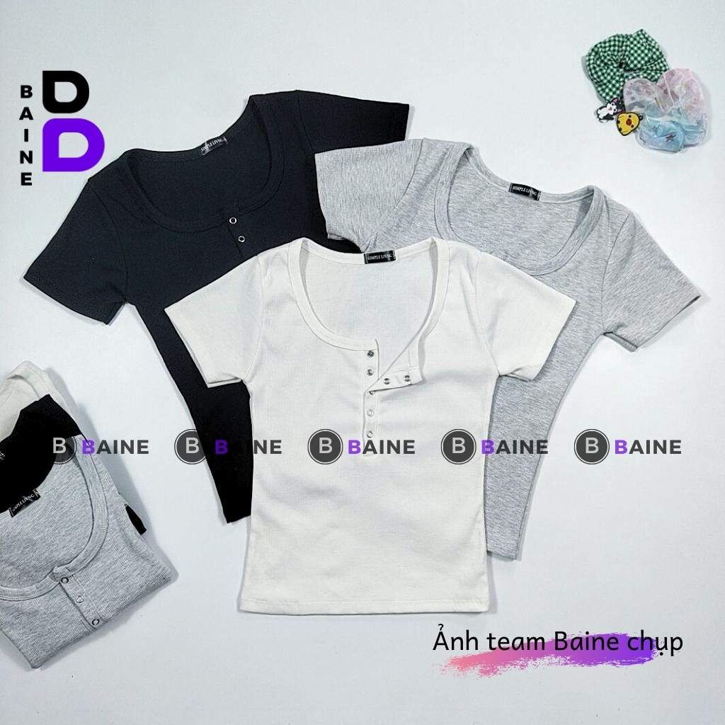 Áo BABY TEE CỔ VUÔNG NÚT BẤM DÁNG DÀI Ôm Body Chất Thun Gân, Áo tay ngắn cổ tròn kiểu nữ mềm mát BAINE