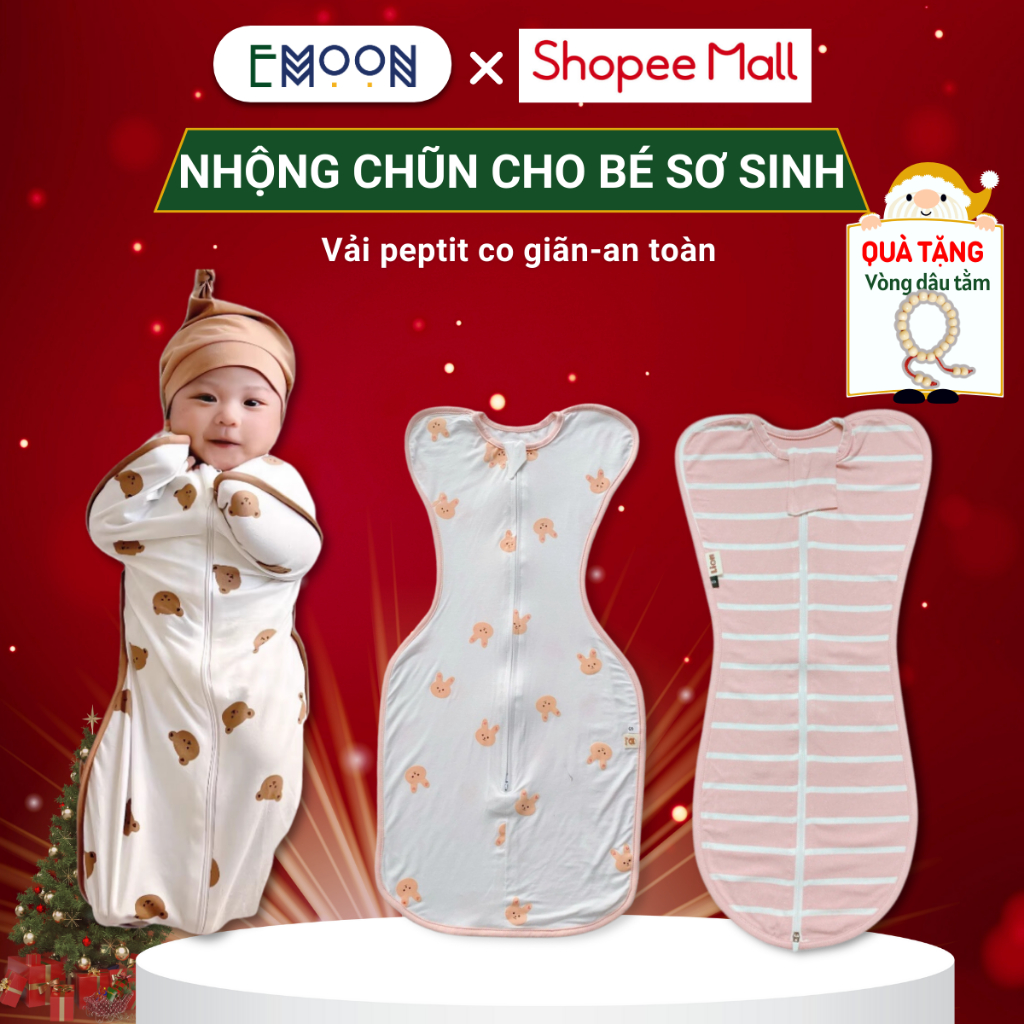 Nhộng chũn cho bé sơ sinh EMOON thiết kế cao cấp, chất liệu mềm mại, siêu co giãn chống giật mình giúp bé ngủ sâu giấc