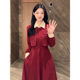 A001- váy đầm nhung tăm đỏ diện tết sang chảnh tay dài