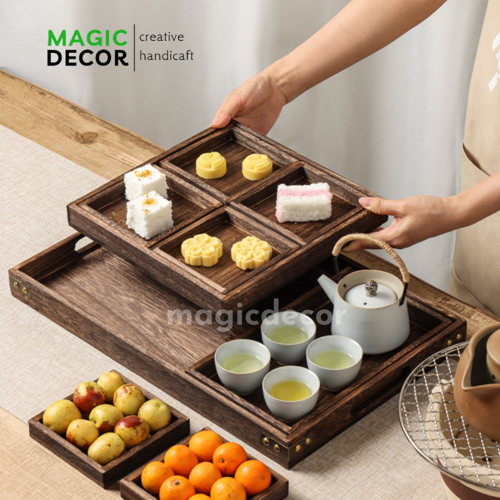 Bộ 7 khay gỗ tối màu, khay đựng ấm chén trà, đựng bánh kẹo Tết, phụ kiện chụp ảnh cực đẹp - Magic Home Decor