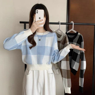 Áo sweater len dệt kim tay dài nữ dáng rộng croptop kiểu họa tiết kẻ caro cổ tròn len mongtoghi phong cách Hàn Quốc
