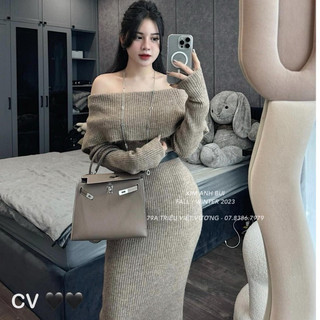 Đầm body trễ vai len gân 2 Màu dày sang trọng