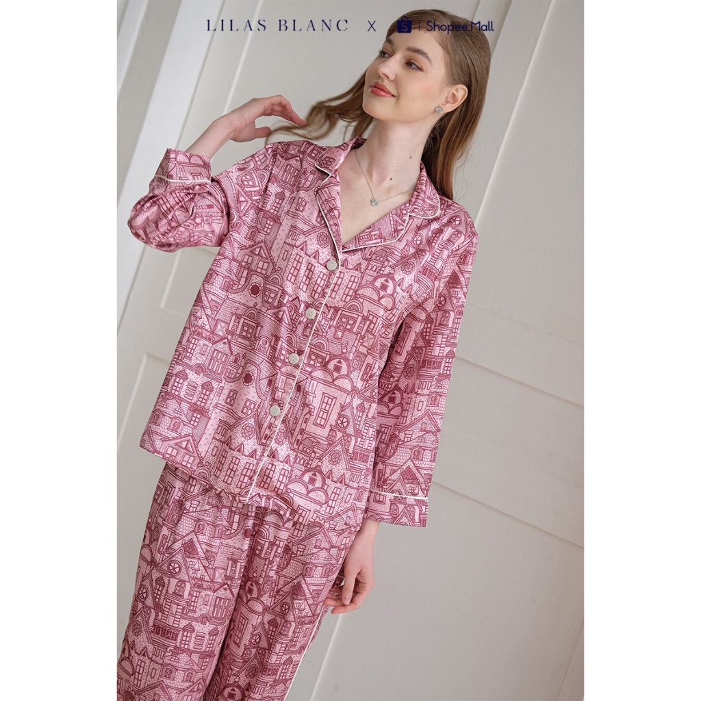 Bộ Pyjamas Nữ Mặc Nhà Quần Dài Áo Dài Chất Liệu Lụa In Hoa Tiết London Town Hồng Đỗ LILAS BLANC