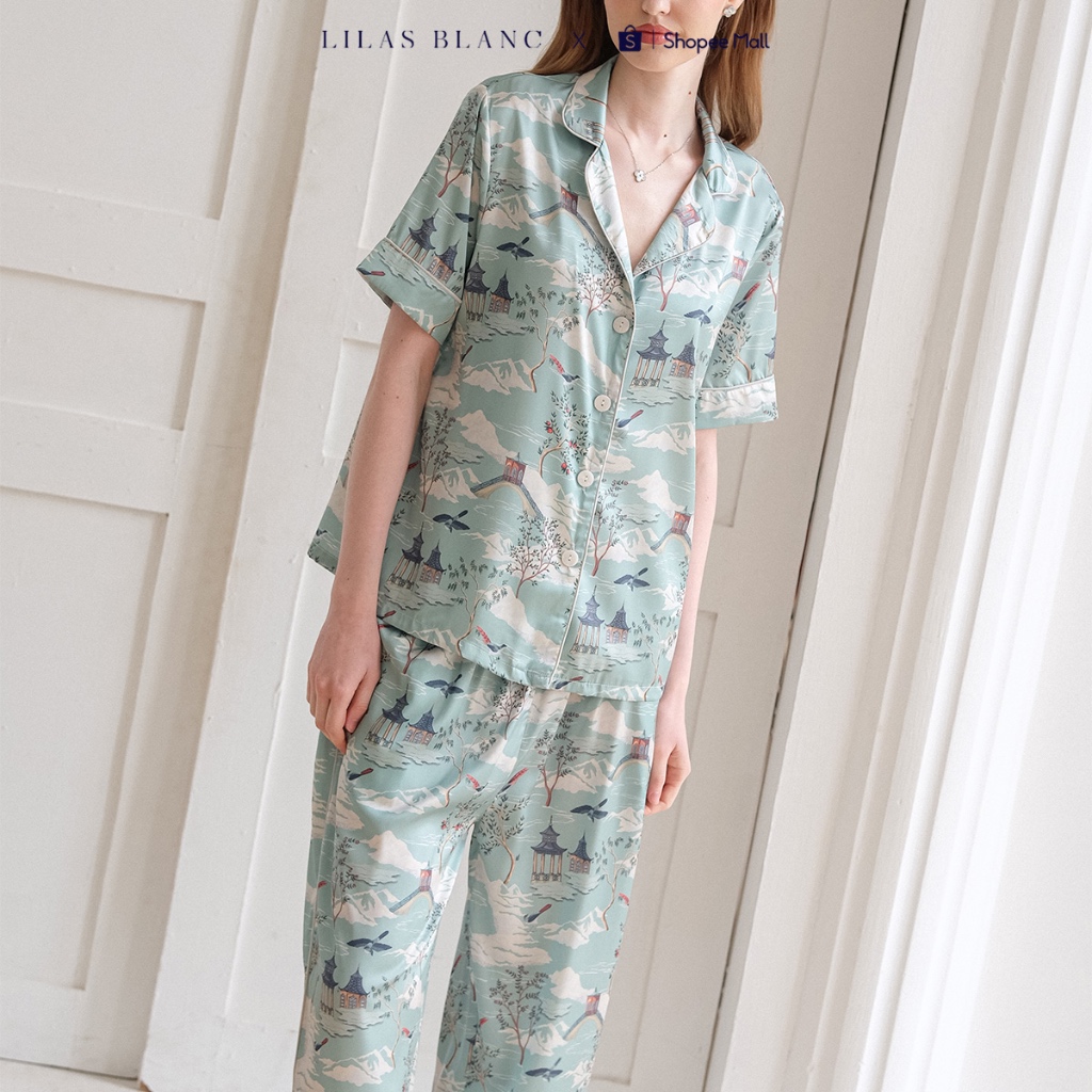 Bộ Pyjamas Nữ Mặc Nhà Áo Cộc Quần Dài Chất Liệu Lụa Màu Ghi In Họa Tiết Kyoto Xanh Ngọc LILAS BLANC