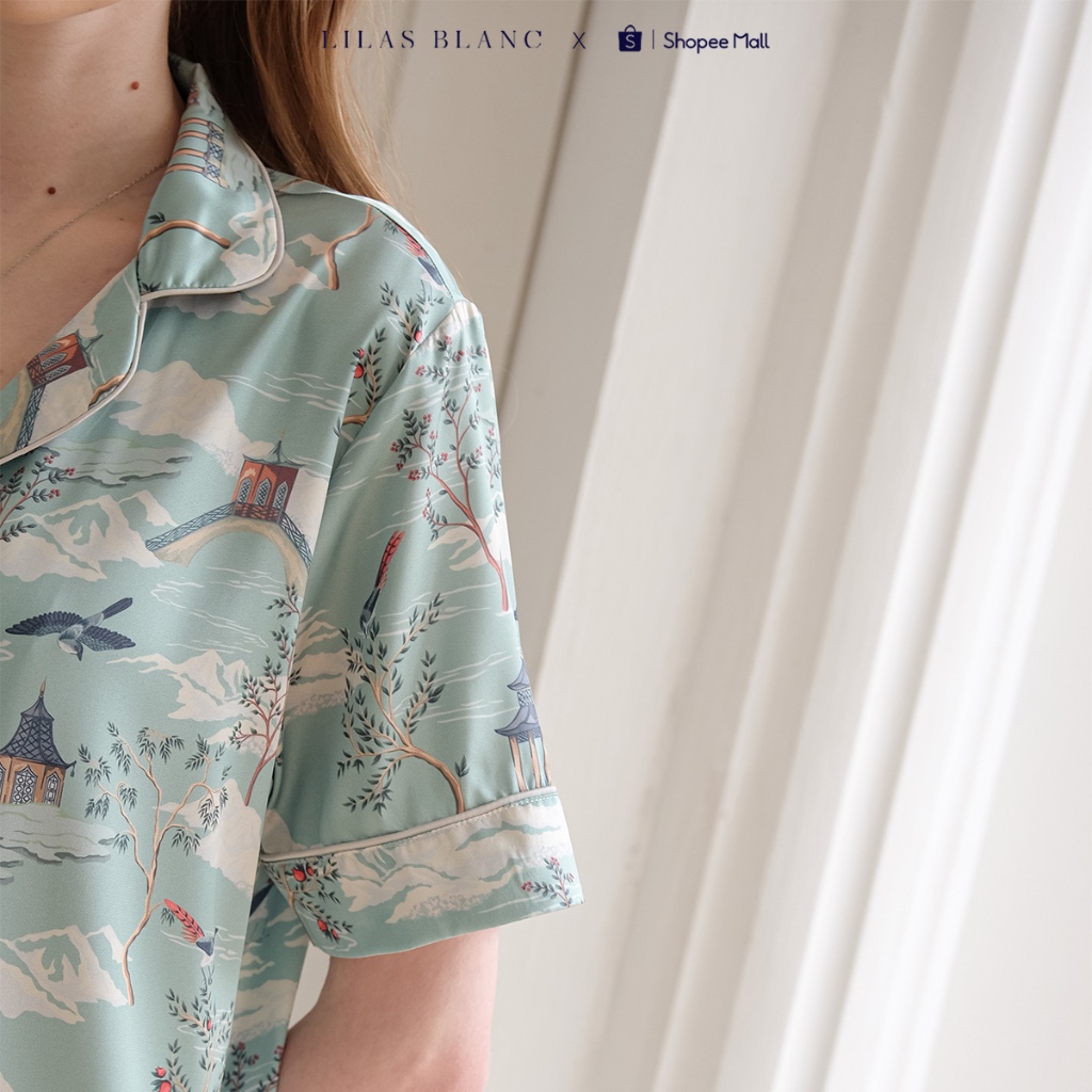 Bộ Pyjamas Nữ Mặc Nhà Áo Cộc Quần Dài Chất Liệu Lụa Màu Ghi In Họa Tiết Kyoto Xanh Ngọc LILAS BLANC