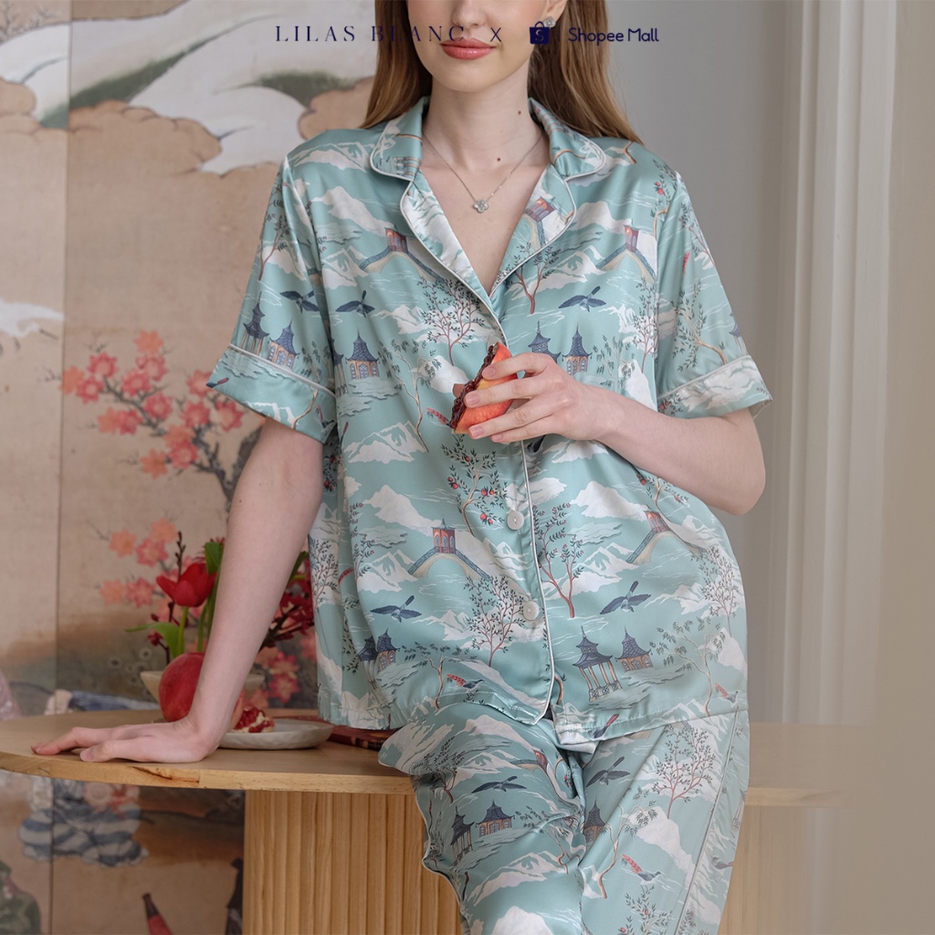 Bộ Pyjamas Nữ Mặc Nhà Áo Cộc Quần Dài Chất Liệu Lụa Màu Ghi In Họa Tiết Kyoto Xanh Ngọc LILAS BLANC