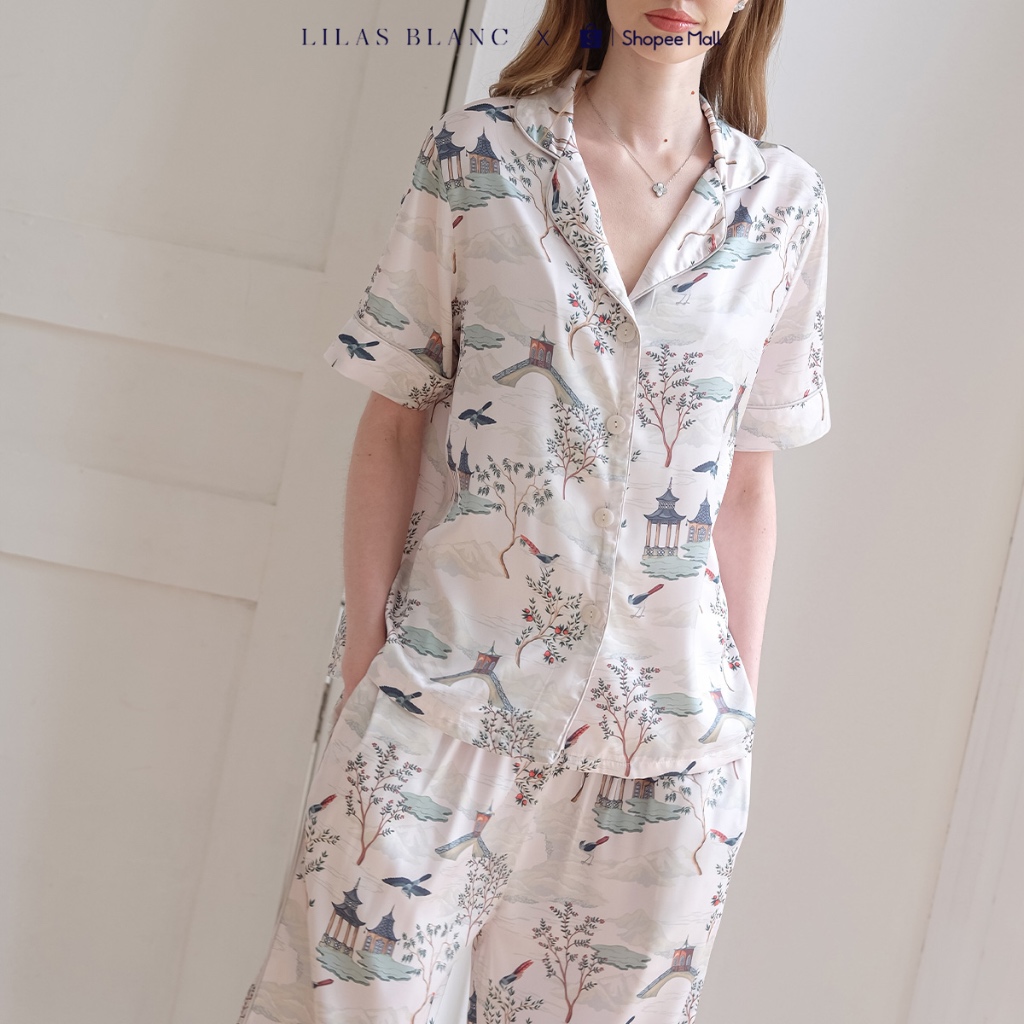 Bộ Pyjamas Nữ Mặc Nhà Áo Cộc Quần Dài Chất Liệu Lụa Màu Ghi In Họa Tiết Kyoto Xanh Ngọc LILAS BLANC