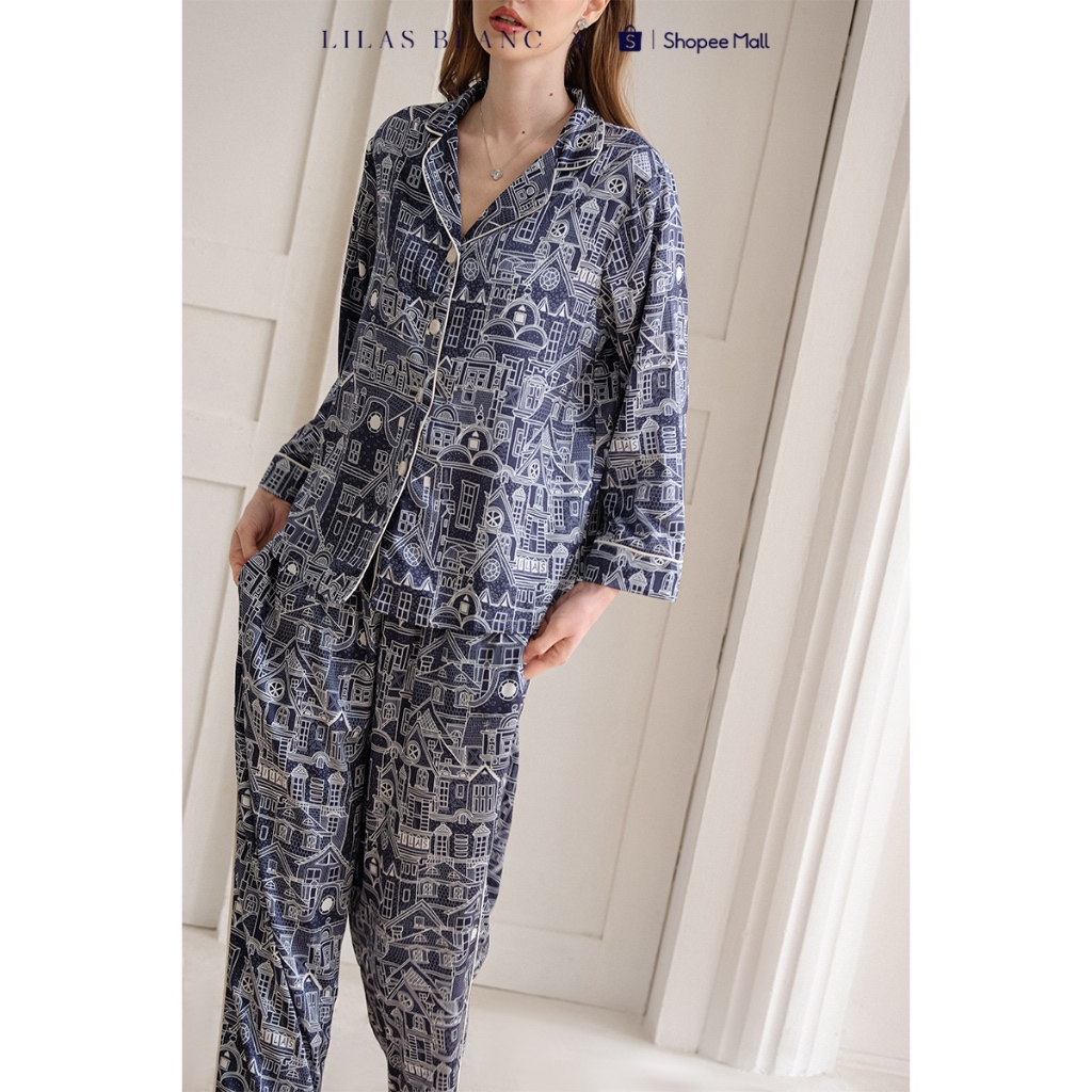 Bộ Pyjamas Nữ Mặc Nhà Quần Dài Áo Dài Chất Liệu Lụa In Hoa Tiết London Town Hồng Đỗ LILAS BLANC