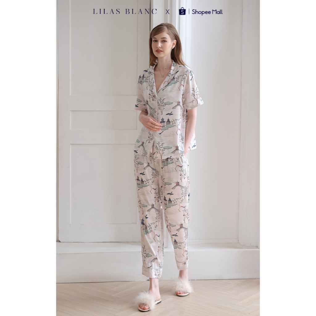 Bộ Pyjamas Nữ Mặc Nhà Áo Cộc Quần Dài Chất Liệu Lụa Màu Ghi In Họa Tiết Kyoto Xanh Ngọc LILAS BLANC