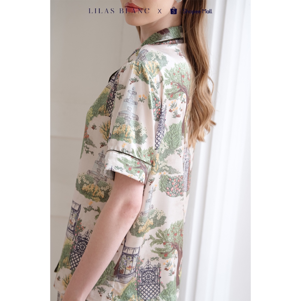 Bộ Pyjamas Nữ Mặc Nhà Áo Cộc Quần Dài Chất Liệu Lụa Màu Ghi In Họa Tiết English Garden LILAS BLANC