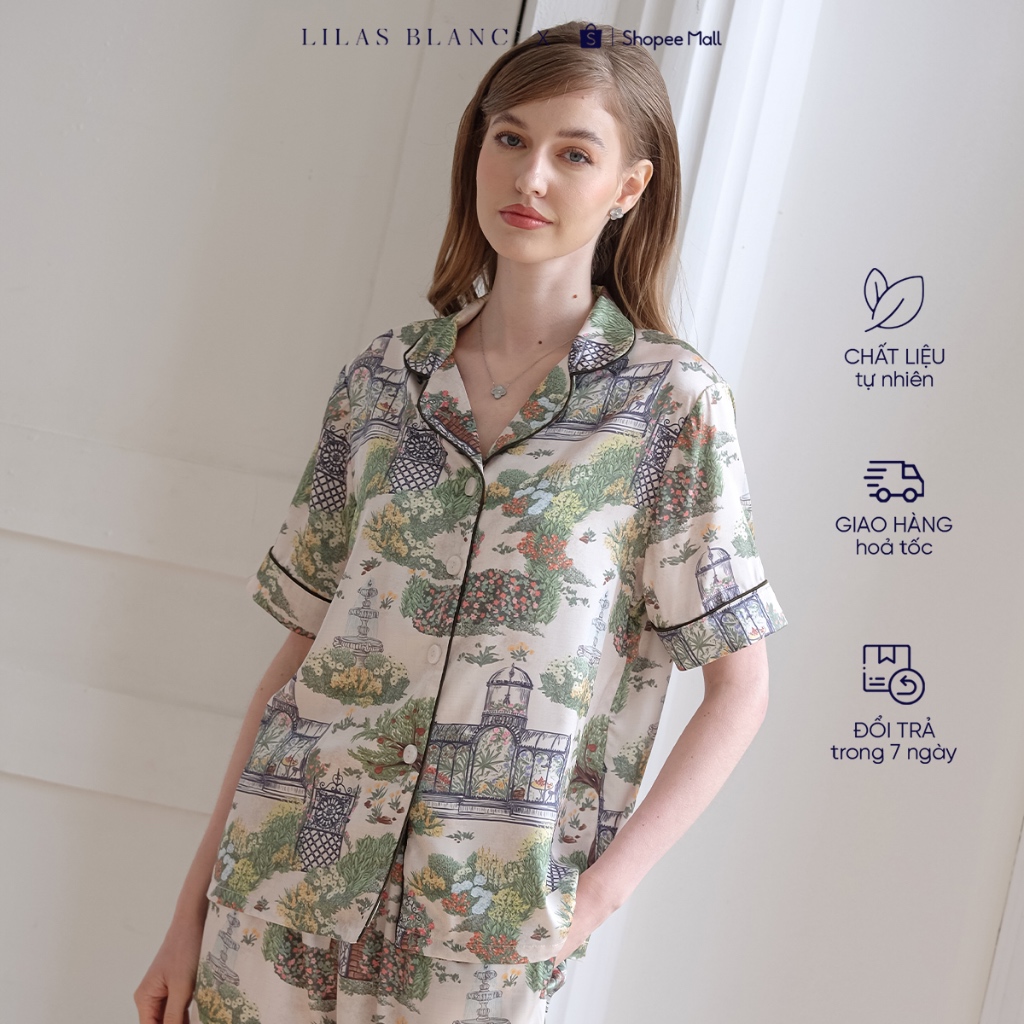 Bộ Pyjamas Nữ Mặc Nhà Áo Cộc Quần Dài Chất Liệu Lụa Màu Ghi In Họa Tiết English Garden LILAS BLANC