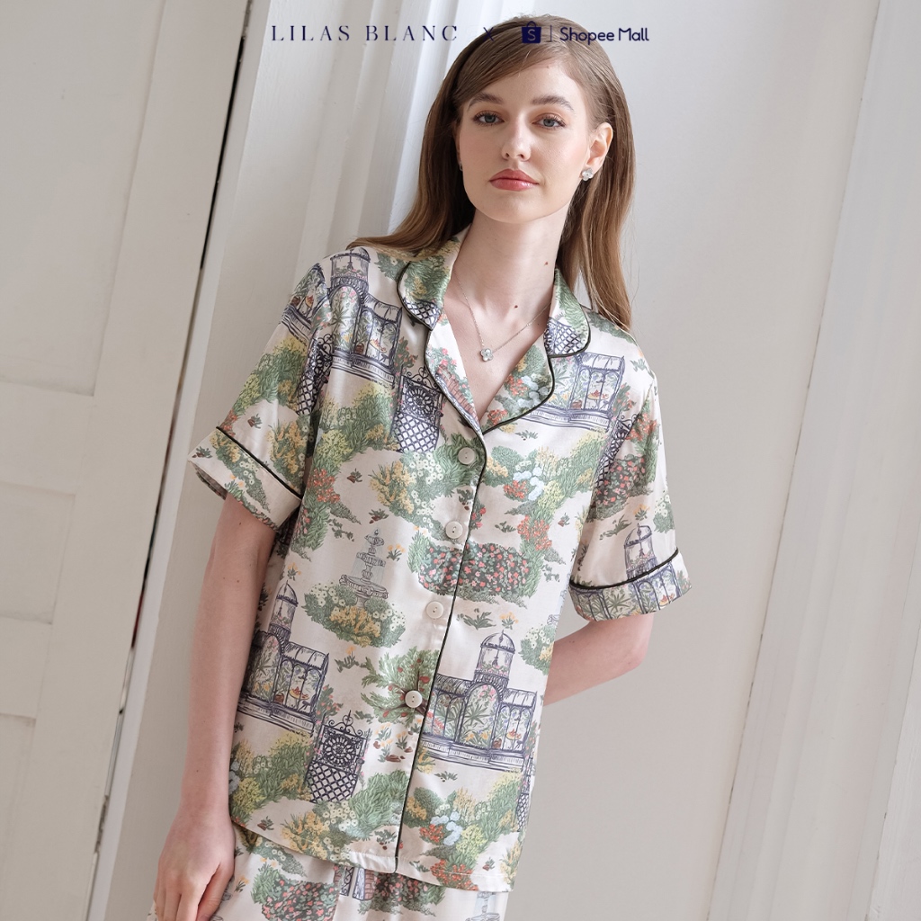 Bộ Pyjamas Nữ Mặc Nhà Áo Cộc Quần Dài Chất Liệu Lụa Màu Ghi In Họa Tiết English Garden LILAS BLANC