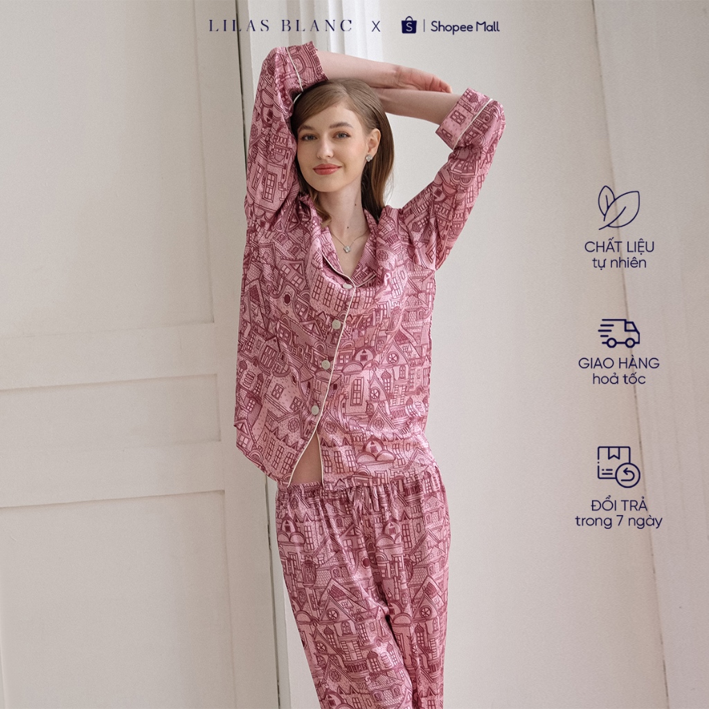 Bộ Pyjamas Nữ Mặc Nhà Quần Dài Áo Dài Chất Liệu Lụa In Hoa Tiết London Town Hồng Đỗ LILAS BLANC