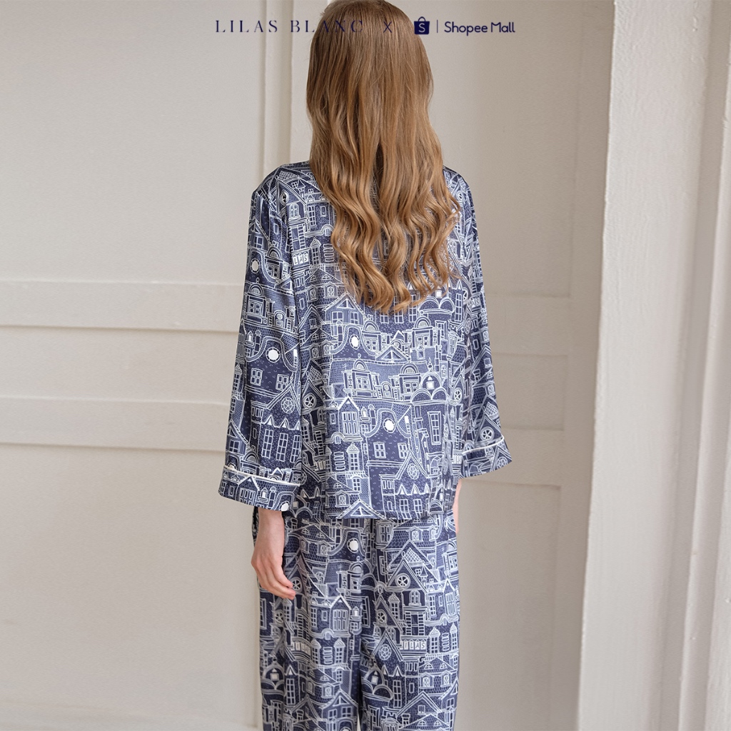 Bộ Pyjamas Nữ Mặc Nhà Quần Dài Áo Dài Chất Liệu Lụa In Hoa Tiết London Town Hồng Đỗ LILAS BLANC