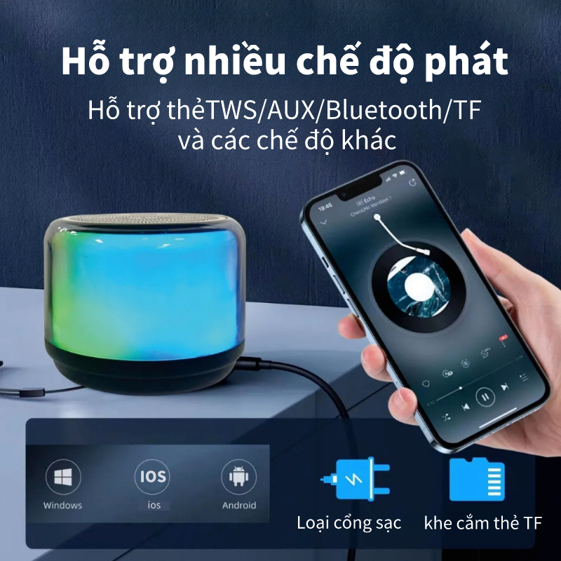Loa bluetooth không dây mini T2 Đèn không khí đầy màu sắc, bass mạnh, âm thanh 3D sống động, dành cho laptop, điện thoại