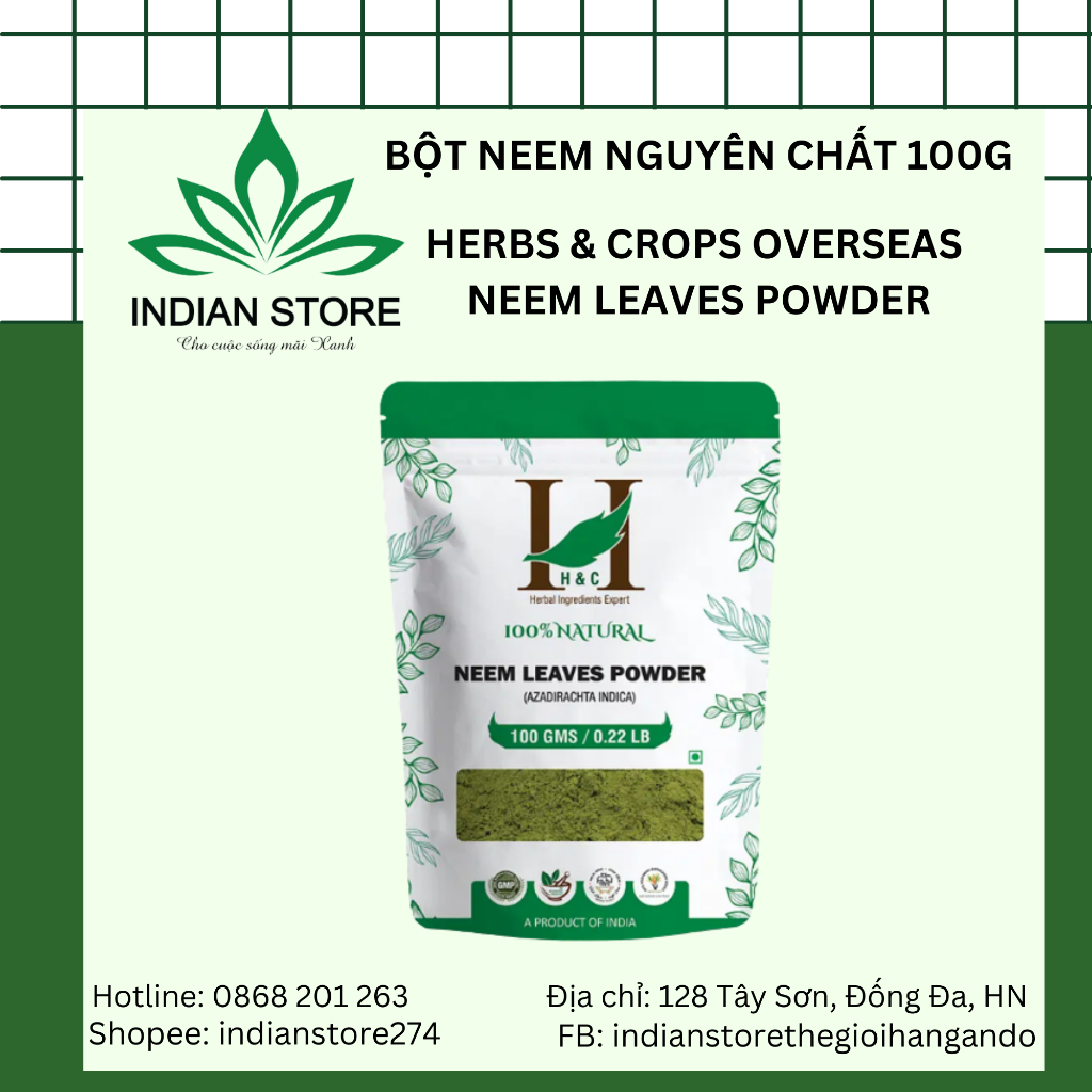 Bột lá Neem Ấn Độ nguyên chất 100% giảm mụn, mờ thâm, sáng da H&C Neem Leaves Powder 100g