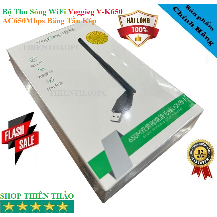 Bộ Thu Sóng Usb WiFi Tốc Độ Cao Veggieg V-K650 Băng Tần kép Chuẩn AC650Mbps