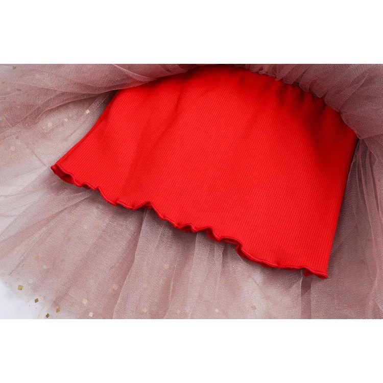 ĐẦM BÉ GÁI THUN TĂM ĐỎ PHỐI CHÂN VOAN LẤP LÁNH