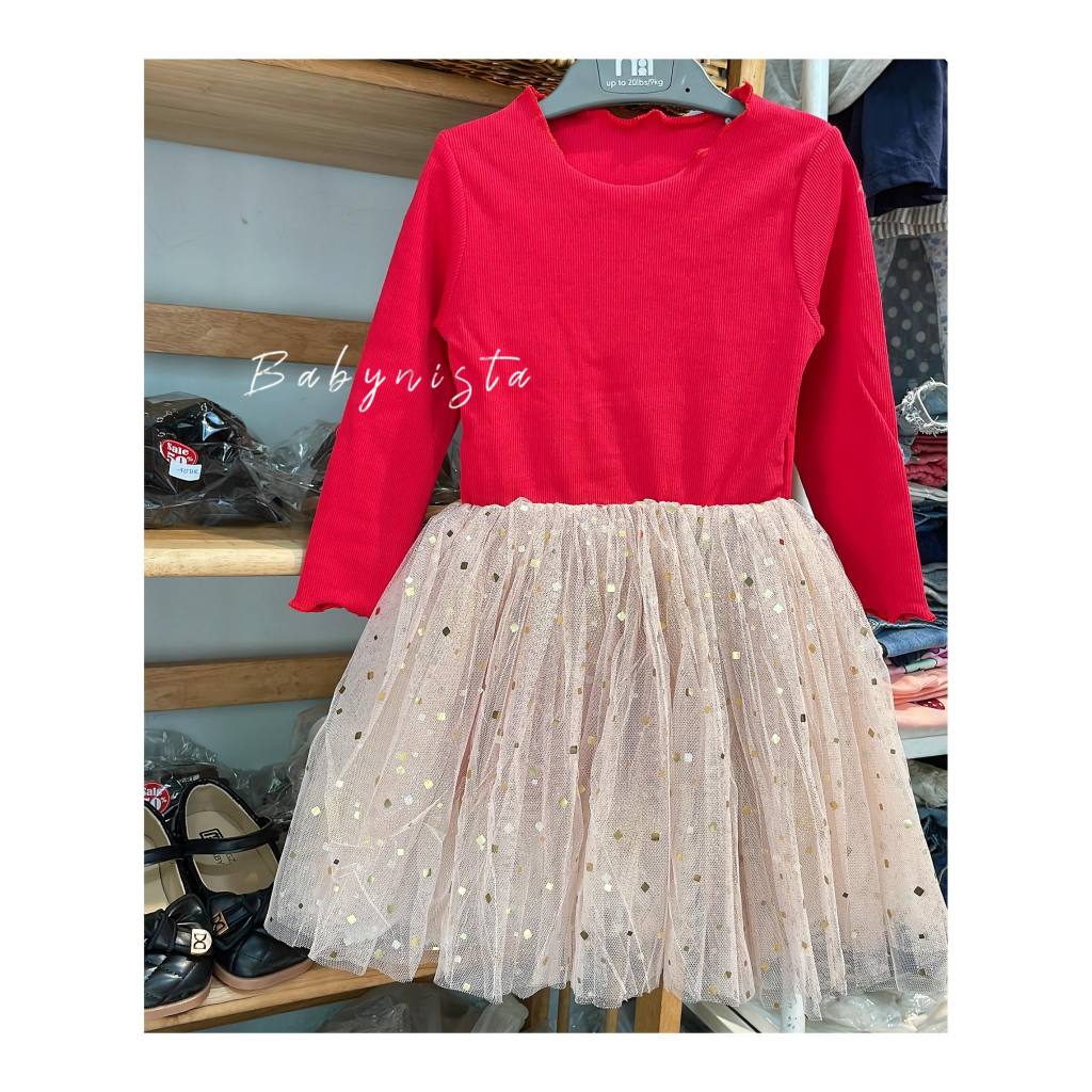 ĐẦM BÉ GÁI THUN TĂM ĐỎ PHỐI CHÂN VOAN LẤP LÁNH