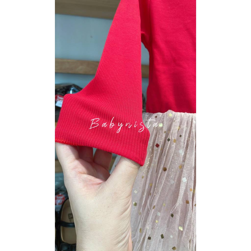 ĐẦM BÉ GÁI THUN TĂM ĐỎ PHỐI CHÂN VOAN LẤP LÁNH