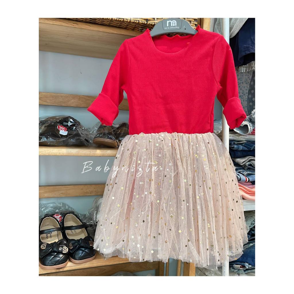 ĐẦM BÉ GÁI THUN TĂM ĐỎ PHỐI CHÂN VOAN LẤP LÁNH