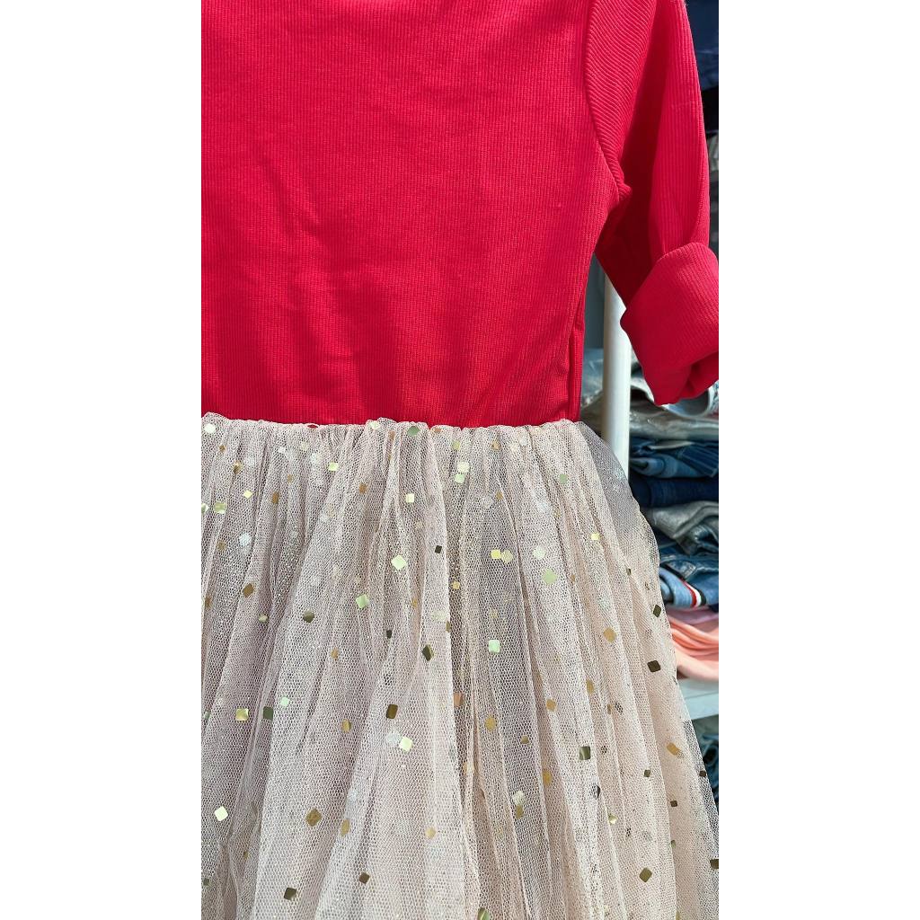 ĐẦM BÉ GÁI THUN TĂM ĐỎ PHỐI CHÂN VOAN LẤP LÁNH