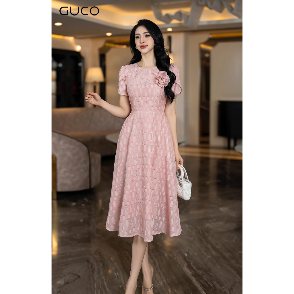 Đầm xoè tơ ép kết hoa - Hồng D10048