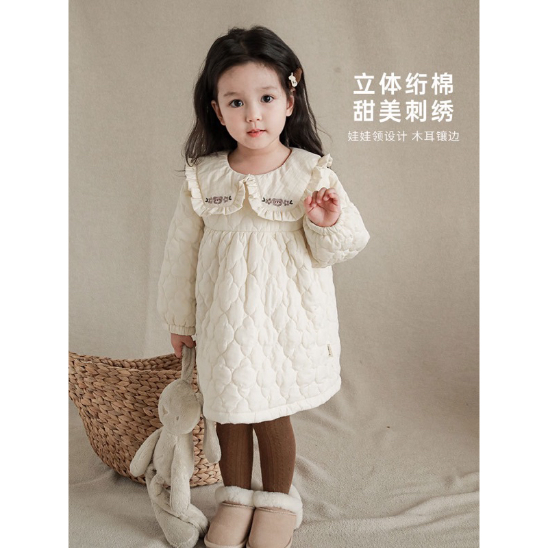 Váy phao trần bông cổ thêu gấu cho bé gái ( 90-140)
