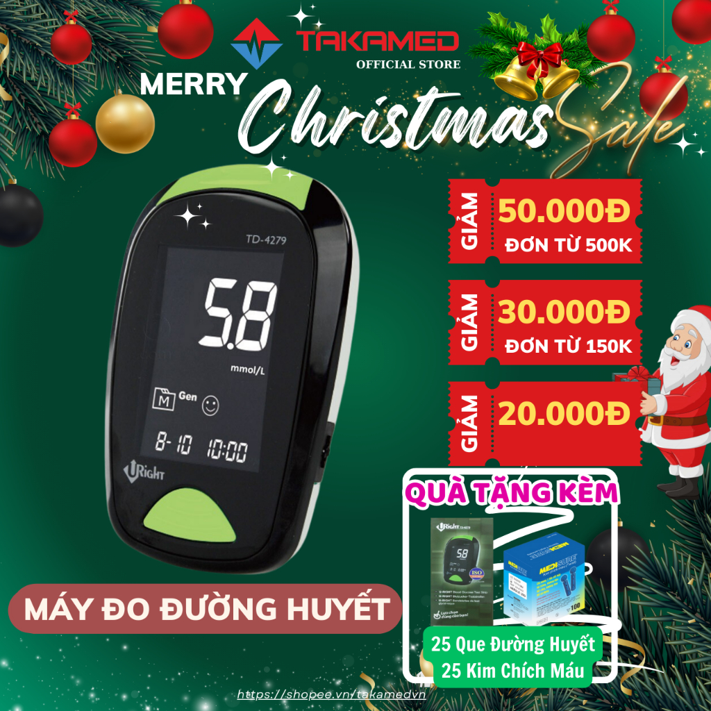 Máy Đo Đường Huyết URIGHT TD-4279 Chính Hãng Men Que GDH-FAD (25 Que và 25 Kim)