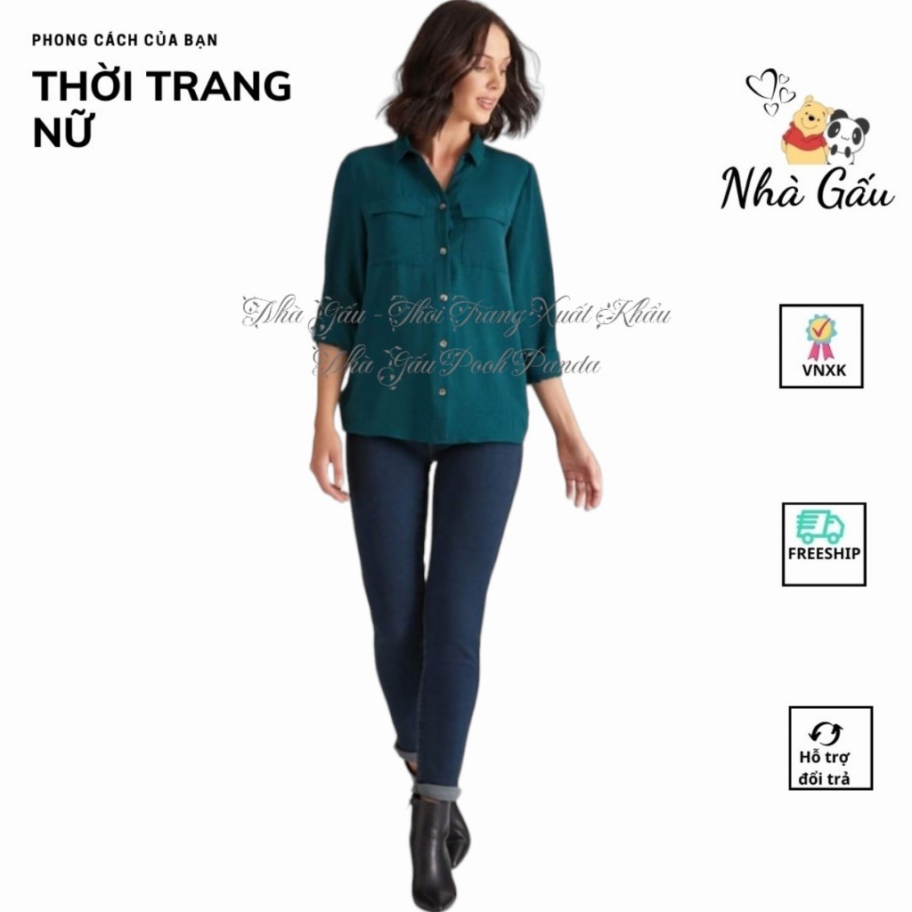 Áo sơ mi công sở nữ trung niên, người lớn tuổi hoa văn xanh dương