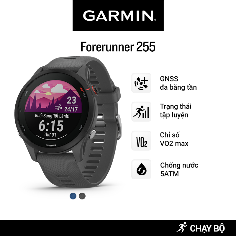 Đồng Hồ Thông Minh Garmin Forerunner 255 Basic GPS (Slate Grey/Tidal Blue) - Hàng Chính Hãng