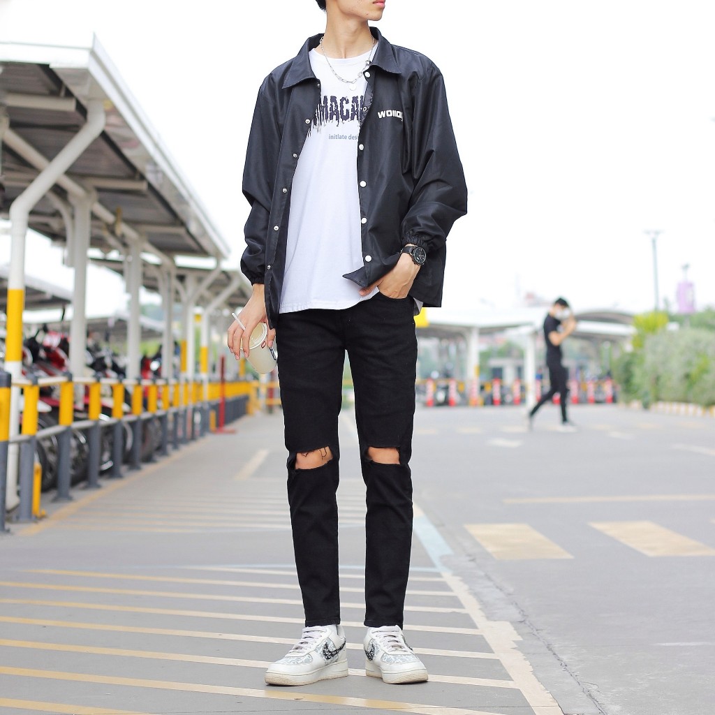 Quần jean nam đen chất bò rách gối đùi 1 bên co giãn cực tốt dáng ôm phom slimfit skinny VNXK Pon.mens